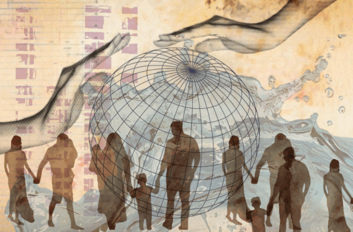 Global Perspectives banner with world silhouette people and two hands holding the globe