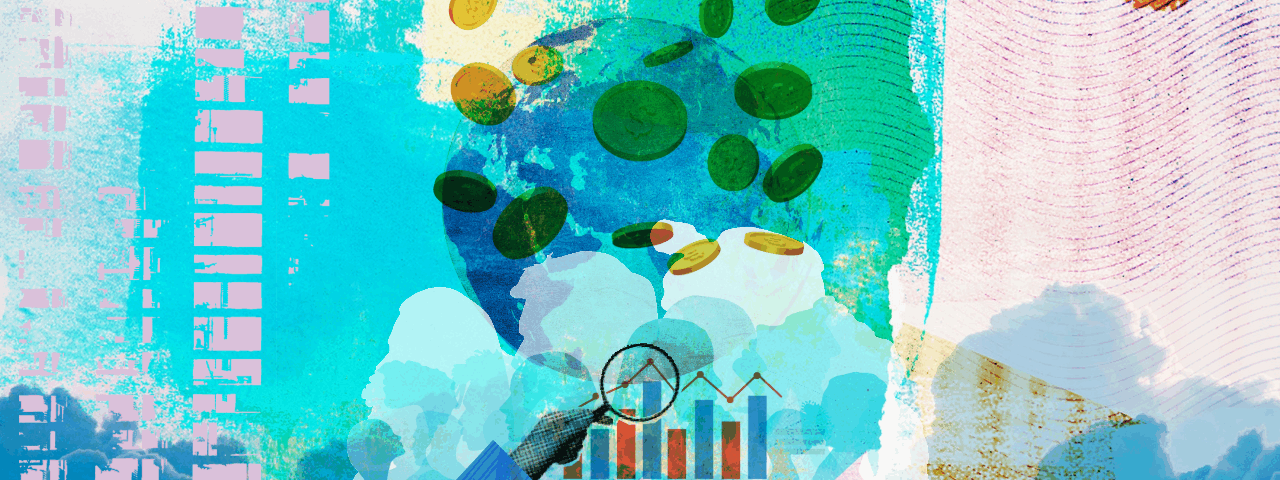 Collage with a globe and financial graphs