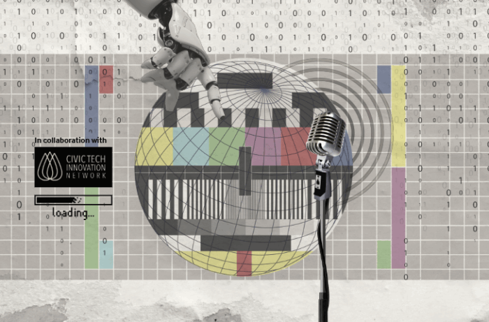 Digital Dialogues collage banner with old television holding screen, a robotic arm, and an old microphone