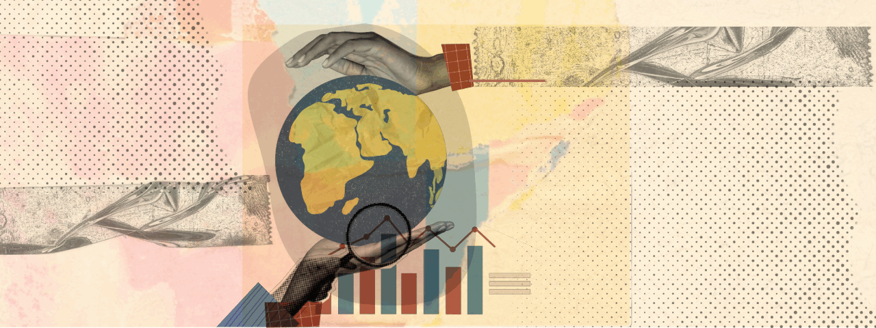 Collage with a central world being held by two hands and financial graphs
