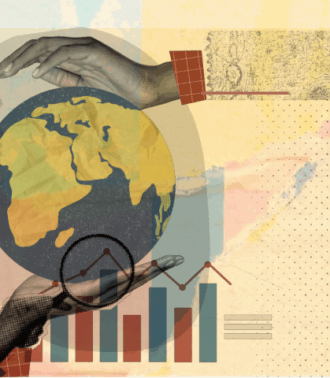 Collage with a central world being held by two hands and financial graphs