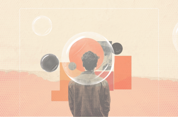 Collage with the back of a man in the centre looking at geometric shapes and bubbles