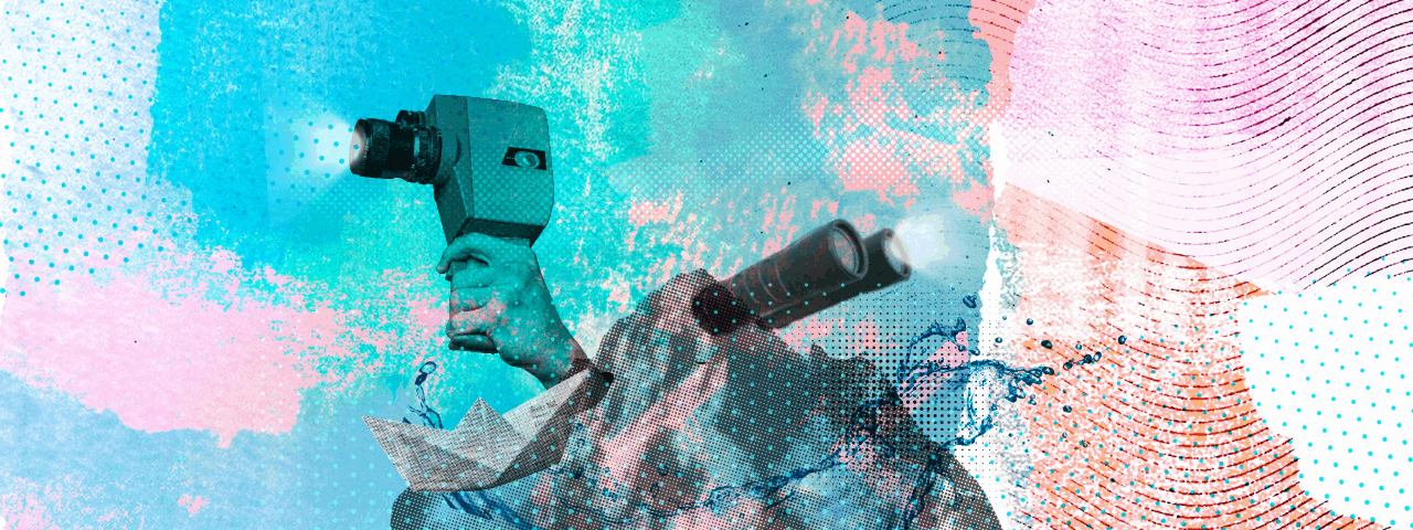 Collage with a mountain, hand holding an old video camera and binoculars in front of graphical elements