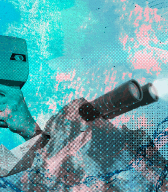 Collage with a mountain, hand holding an old video camera and binoculars in front of graphical elements
