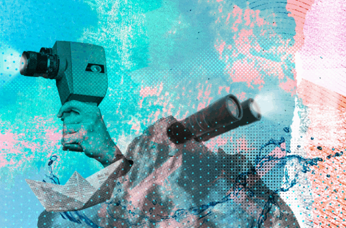Collage with a mountain, hand holding an old video camera and binoculars in front of graphical elements
