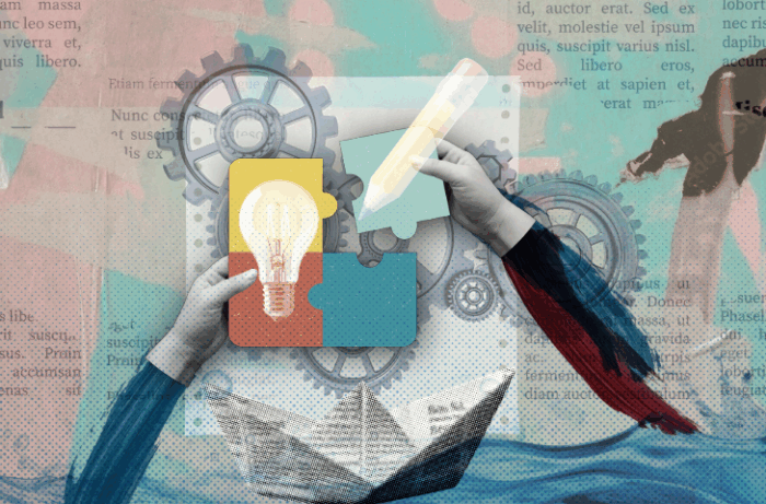 Collage with a puzzle, cogs, two hands holding a light bulb and a pencil