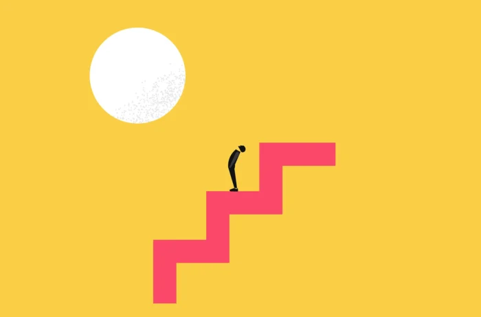 Graphic illustration of a silhouette man on a red zig zag line looking up at a white circle