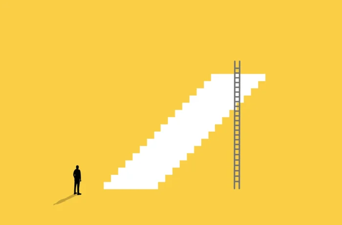 Graphic illustration with a yellow background and a man looking up at a while staircase and ladder