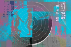 A collage with a target and silhouette people