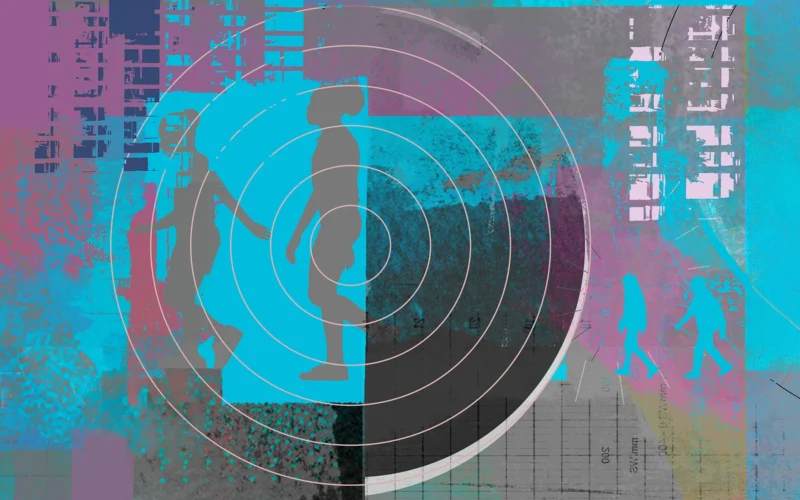 A collage with a target and silhouette people