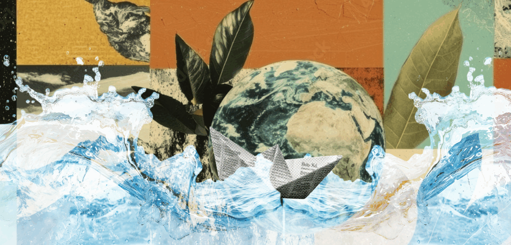 A collage with the world, waves and a paper boat