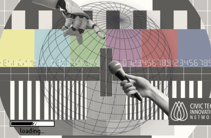 Digital Dialogue globe with old television holding screen and robot arm