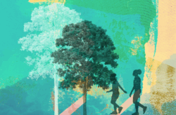 Visual collage with a tree and two silhouette people walking