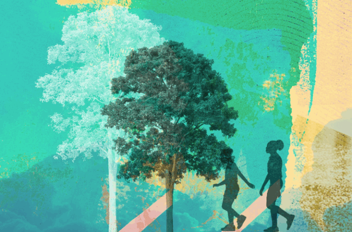 Visual collage with a tree and two silhouette people walking