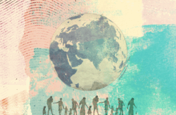 Visual collage with a world globe and silhouette people