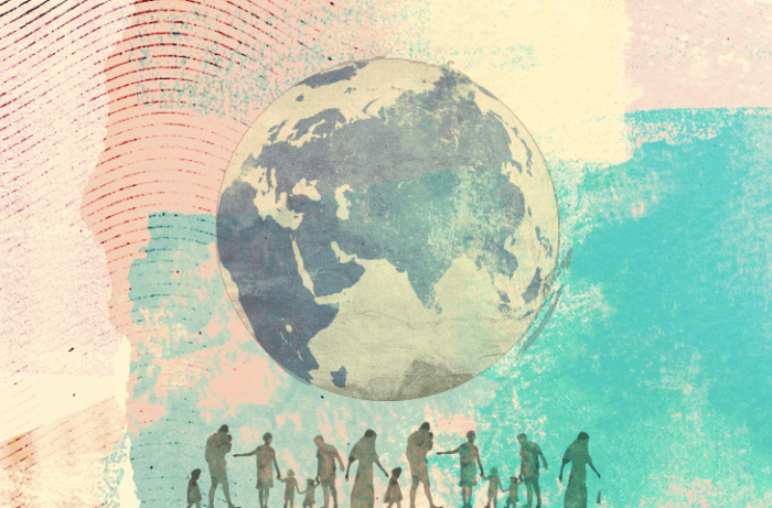 Visual collage with a world globe and silhouette people