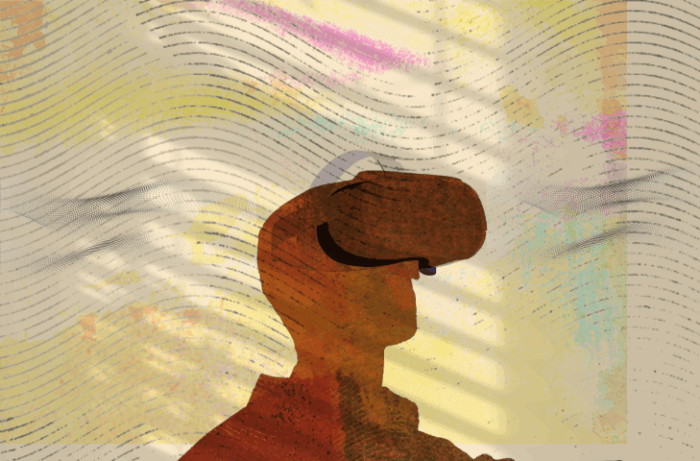 Visual collage with a silhouette person wearing a VR headset